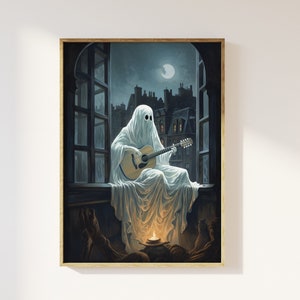 Geist spielt Gitarre unter dem Mond Kunstdruck | Nostalgie, düsterer Cottagecore, Mondlicht am offenen Fenster, Romantik, Halloween