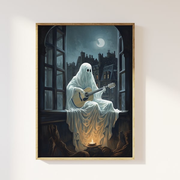 Ghost playing guitar under the moon art print | Nostalgia, dark academia, spooky cottagecore, open window moonlight, romanticism, Halloween