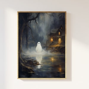 Ghost in forest art print | Nostalgia, dark academia, spooky cottagecore, Halloween, cute ghost, woodland, spooky house, gothic, quirky cute