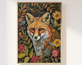 Botanical Fox William Morris style art print | foliage, botanical leaves and flowers, fox painting, nature poster, maximalist woodland art