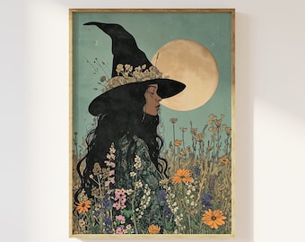 Witch and blooms under the full moon | ethereal witches, magical beautiful enchanting witch, mystical colourful black African female art