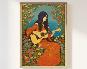 1960s female hippie playing guitar art print | 1960s hippie, colourful flower power, retro 60s 70s painting nostalgia, funky groovy peace,