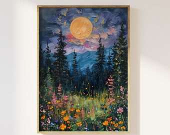 Moon above the wildflowers and woodland art print | full moon above nature oil painting, flowers and trees, mystical midnight enchanted art