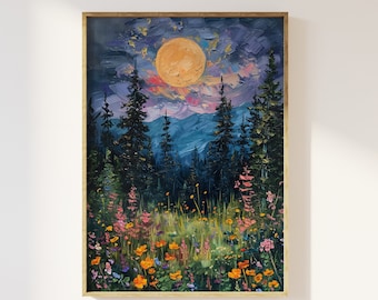 Moon above the wildflowers and woodland art print | full moon above nature oil painting, flowers and trees, mystical midnight enchanted art