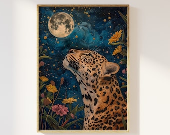 Leopard in the wildflowers gazing at the full moon art print | beautiful leopard and moon print, leopard and wildflowers, floral leopard art