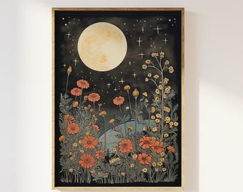 Impresión de arte estilo impresión en bloque vintage de luna y flores / Celestial místico, flores cottagecore florales, arte caprichoso, luz de luna etérea