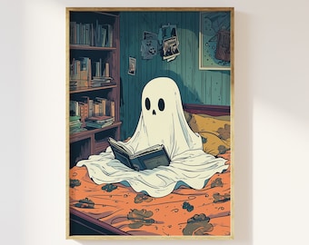 Cute ghost reading a book in bed art print | cute spooky funny ghost, book nook art, library literature novel, dark academia book lover gift