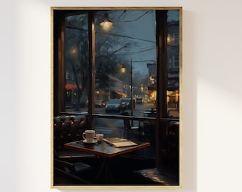 Moody coffee shop window scene art print | Nostalgia, dark academia, rainy English town, gloomy night time cosy aesthetic art, cafe, books