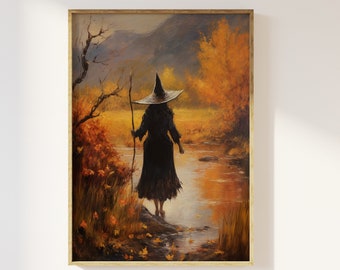 Witch in the autumn woodland art print | Magical, mystical witch, Halloween, ethereal witch, witch in forest, romanticism autumnal witch art