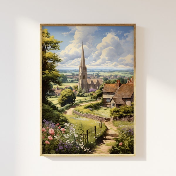 Engelse platteland dorp scène kunstprint | oude romantische cottagecore, slaperige dorpskerk, landelijk landschap, betoverd grillig, vintage