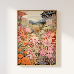 Landsbygdshem och trädgård på våren konsttryck | förtrollad nyckfull blommig poster i cottagecore, vintage, romantiskt engelskt hem, blommor