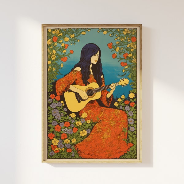 Hippie féminine des années 1960 jouant de la guitare impression artistique | hippie années 60, flower power coloré, nostalgie, peinture rétro années 60 70, paix groovy,