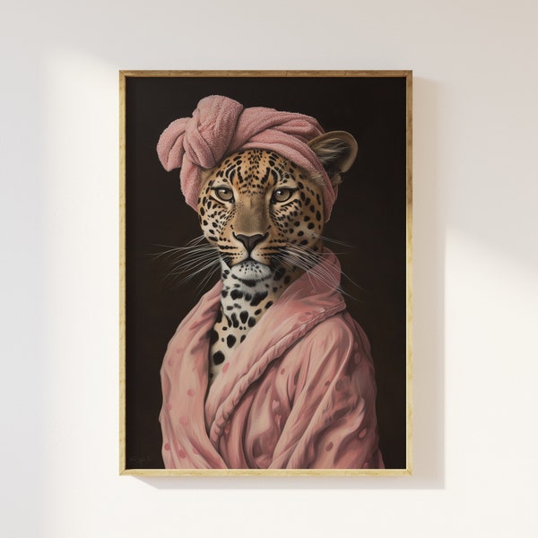 Female leopard in a bathrobe and hair turban wall art print | bold aesthetic leopard poster, funny altered animal portrait, bathroom decor