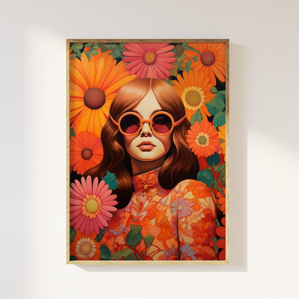 1970 stile donna e fiori stampa artistica / estetica stile anni '70, arte moda anni '70 retro flower power colori anni '70 colori vintage caldi discoteca anni '70