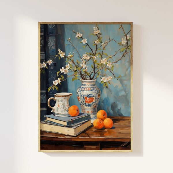 Mediterranean still life vase art print | books, oranges flowers, vintage still life, calming muted rustic art, floral, flowers citrus fruit