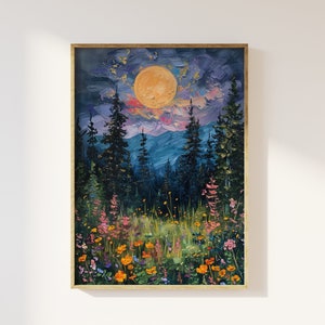 Moon above the wildflowers and woodland art print | full moon above nature oil painting, flowers and trees, mystical midnight enchanted art