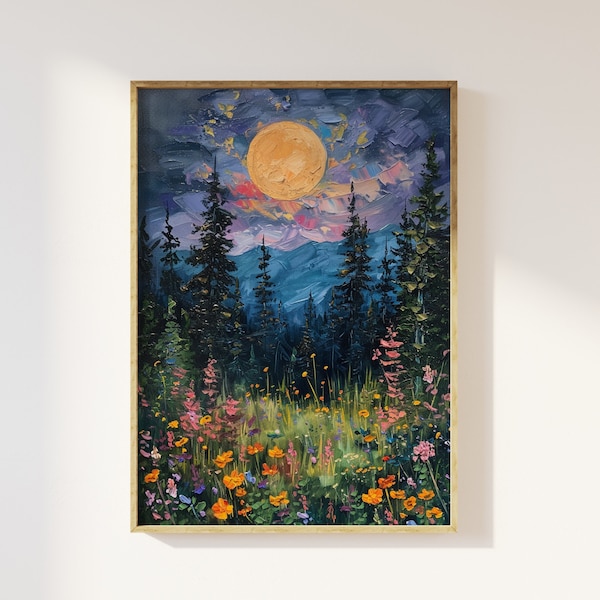 Moon above the wildflowers and woodland art print | full moon above nature oil painting, flowers and trees, mystical midnight enchanted art