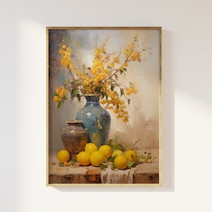 Impresión artística de jarrón de naturaleza muerta mediterránea / estilo medio, flores de limones, naturaleza muerta vintage, arte rústico tranquilo y silencioso, floral, flores y frutas