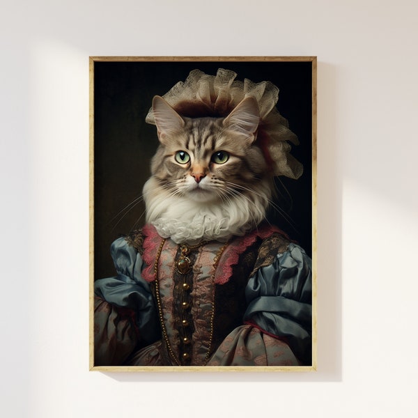 Cat Renaissance animal portrait art print - Oil painting vintage style animal portrait, animal head poster, funny maximalist altered cat art