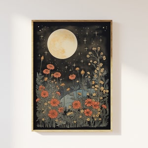 Luna e fiori stampa d'arte in stile stampa a blocchi vintage / Celestiale mistico, fiori cottagecore floreali, arte stravagante, chiaro di luna etereo