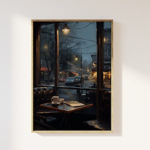Moody coffee shop window scene art print | Nostalgia, dark academia, rainy English town, gloomy night time cosy aesthetic art, cafe, books