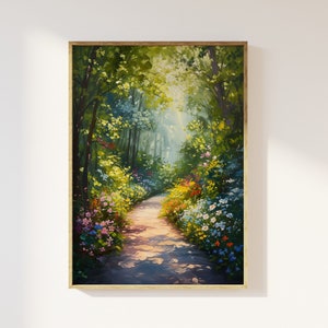 Path through the springtime woodland art print | enchanting scenery oil painting, cottagecore aesthetic beautiful sunshine countryside art