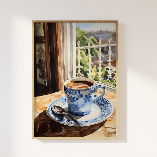 Cup of tea by the terrace aesthetic art print | kitchen art, decorative china cup and saucer, morning dining breakfast art, terrace window