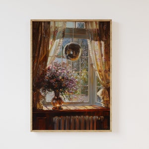 Impresión artística de bola de discoteca en la ventana / Impresión artística de discoteca Cottagecore, bola de discoteca y flores, bola de espejos, arte antiguo vintage, arte moderno atemporal