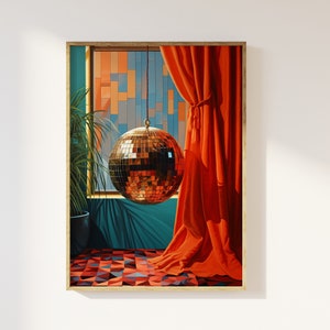 Impresión artística de bola de discoteca y planta de estilo de los años 70 / Bola de discoteca con espejo, estética de estilo de los años 70, póster de arte retro para el hogar, colores vintage de los años 70