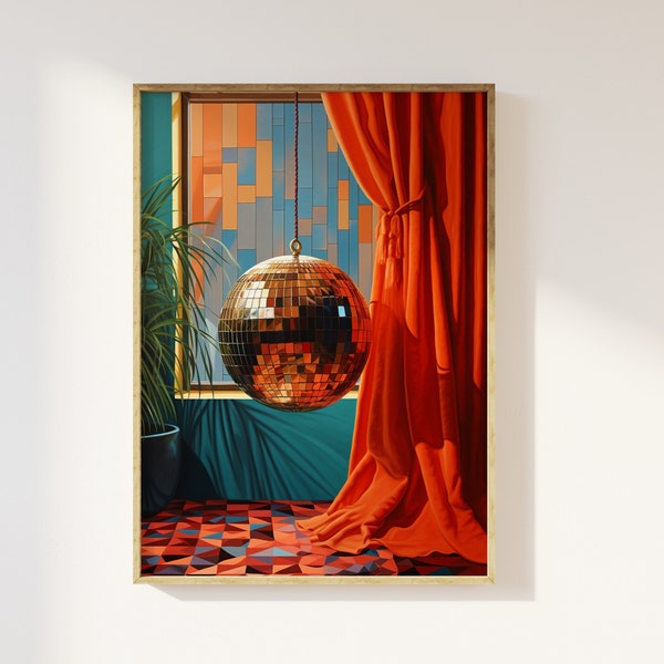 1970er Jahre Interior Diskokugel und Pflanze Kunstdruck | Diskokugel Spiegelball, 70er Jahre Stil ästhetisch, Retro-Kunst-Haushalt, 70er Jahre Farben Vintage