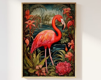 Botanical flamingo William Morris style art print | foliage, botanical leaves and flowers, tropical flamingo poster, luxury nature poster