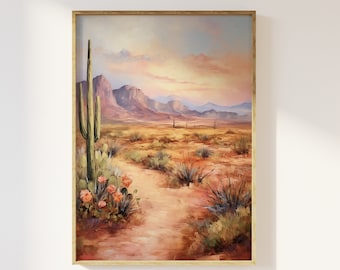 Bohemian desert landscape art print | Cactus desert scenery, the old west, country and western, boho hippie, neutral warm colours, earthy