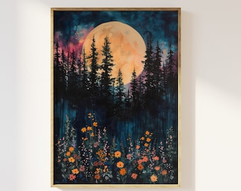 Moon above the pine tree woodland and wildflowers art print | full moon above nature oil painting, flowers and trees, magical enchanted art