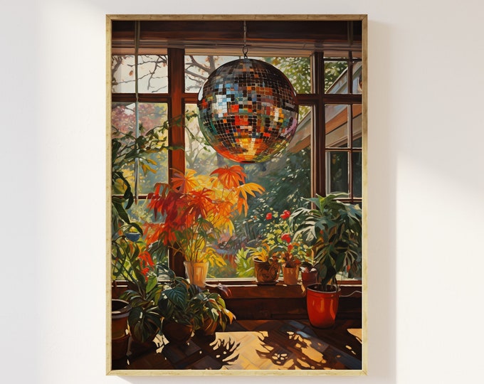1970s style interior disco ball in conservatory art print | Disco ball mirrorball, 70s style warm aesthetic, retro funky houseplants art