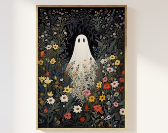 Spook staat in een bloemenweide kunstprint | Mooie bloemen, betoverde muurkunst, mystiek magisch schattig spookachtig, bladspook, grillig