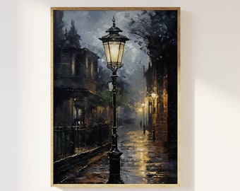 Victorian street lamp moody art print | Nostalgia, dark academia, cottagecore, rainy English village, gloomy night time cosy aesthetic art