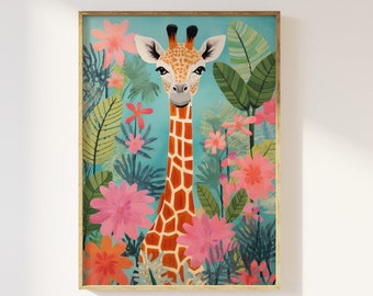 Giraffe in pastel botanical jungle art print | Fun cute abstract jungle animal tropical leaves flowers, kids nursery, fun colourful painting