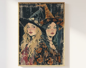Witch friends art print | cottagecore magical beautiful enchanting friendship print, mystical whimsigoth art, coven craft witch sisters art