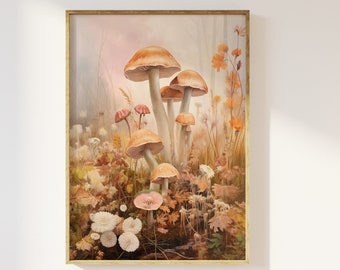 Puede incluir: Una pintura de acuarela de un grupo de setas en un entorno de bosque. Las setas son de varios tonos de marrón y rosa, algunas con manchas blancas. El fondo es un verde y marrón suave y apagado, con algunas pequeñas flores blancas dispersas.