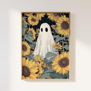 Geist im Sonnenblumenfeld Kunstdruck | dark academia, gruselige Cottagecore, Halloween, süß dunkel romantisch, Sonnenblumen Herbst Herbst Kunst