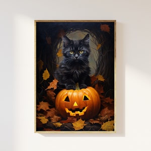 黒猫とカボチャのビンテージ スタイル アート プリント | 魔法のハロウィーン、ビンテージ レトロ アート、ロマン主義、秋の子猫とジャック オ ランタンのポスター