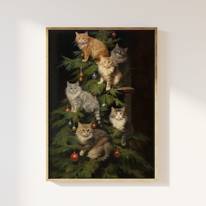 Impression artistique de chats grimpant au sapin de Noël | Chat de Noël, chats humoristiques, amoureux des chats, chats festifs, cottagecore fantaisiste enjoué, éclectique