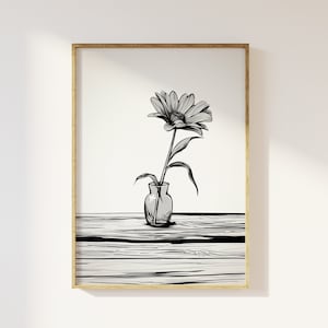 Impresión artística de boceto de flor solitaria en jarrón / Ilustración minimalista, boceto en blanco y negro, floral, póster de margaritas, póster de simplicidad elegante para el hogar