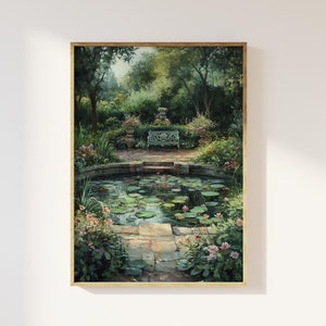 Cottage Garden Kunstdruck englisch | Zeitloser klassischer Landschaftsgarten, romantischer Garten in voller Blüte, Blumenbäume, friedliche, ruhige Kunst