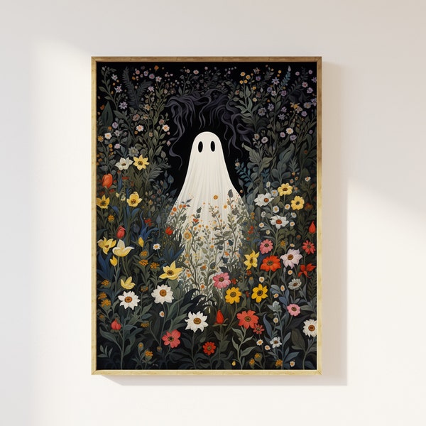Ghost standing in a meadow of flowers art print | Pretty florals, enchanted wall art, mystical magical cute spooky, sheet ghost, whimsigoth
