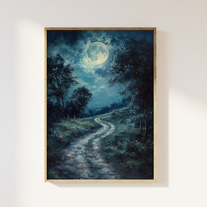 Mond über Weg durch Bäume stimmungsvolles Ölbild Kunstdruck | Midnight Waldszene, Vollmond und Wolken Poster, mystisch dark Academia