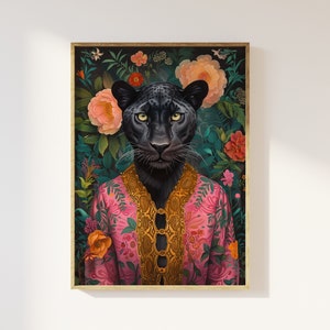 Maximalist eclectic fashionista panther art print | Bold animal portrait, altered animal portrait, fun colourful, flowery vintage floral art