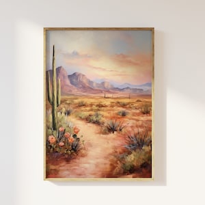 Bohemian desert landscape art print | Cactus desert scenery, the old west, country and western, boho hippie, neutral warm colours, earthy