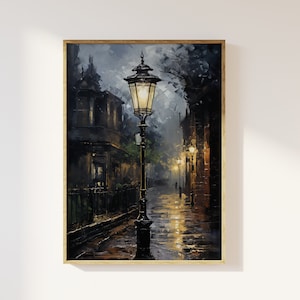 Viktorianische Straßenlaterne stimmungsvoll Kunstdruck | Nostalgie, dunkel Academia, Cottagecore, regnerisches englisches Dorf, düstere Nacht gemütlich ästhetische Kunst