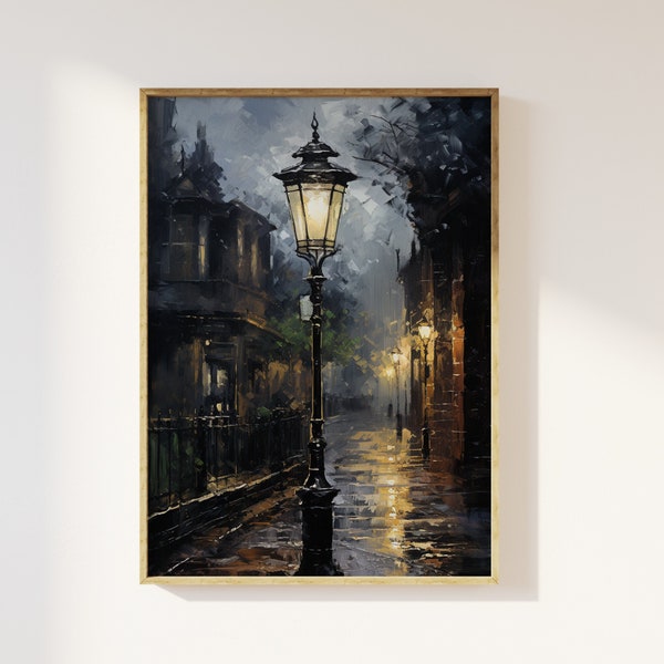 Victorian street lamp moody art print | Nostalgia, dark academia, cottagecore, rainy English village, gloomy night time cosy aesthetic art